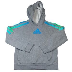 Adidas Pullover Girls Medium 10-12 Years Gray Striped Hooded Sweatshirt Big Logo